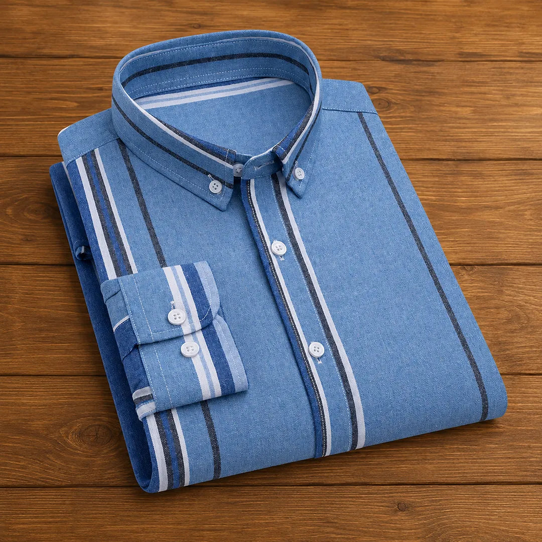 Camisa masculina de manga longa com listras, gola ponti e corte regular