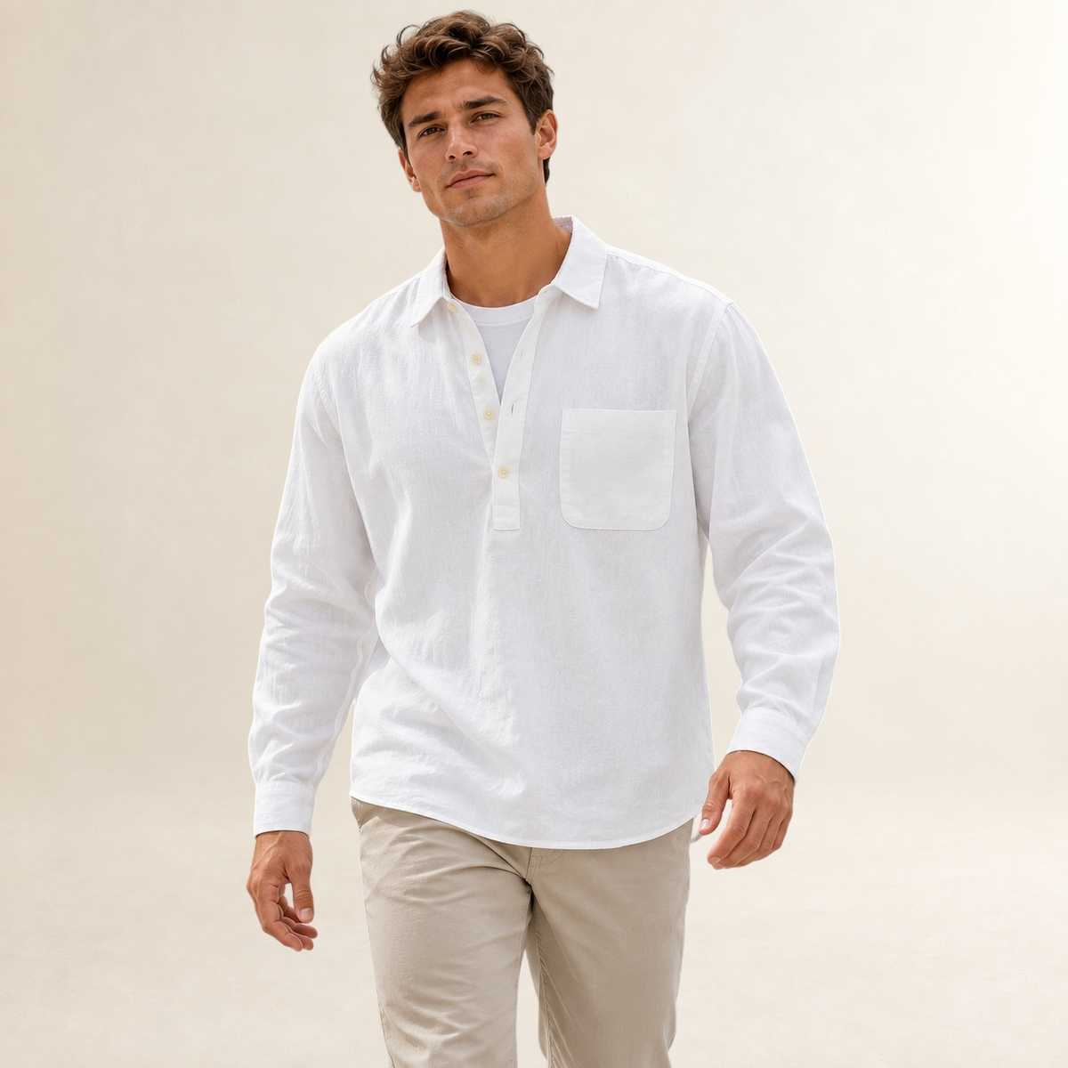 Camisa masculina de sobreposição de manga longa com botões e bolso no peito