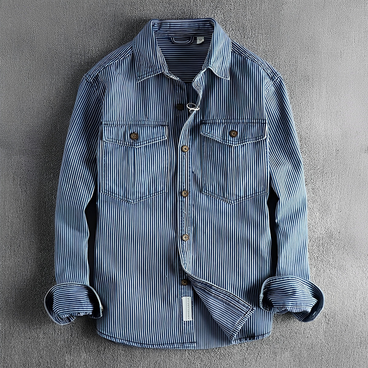 Camisa masculina listrada manga longa com botões e dois bolsos no peito