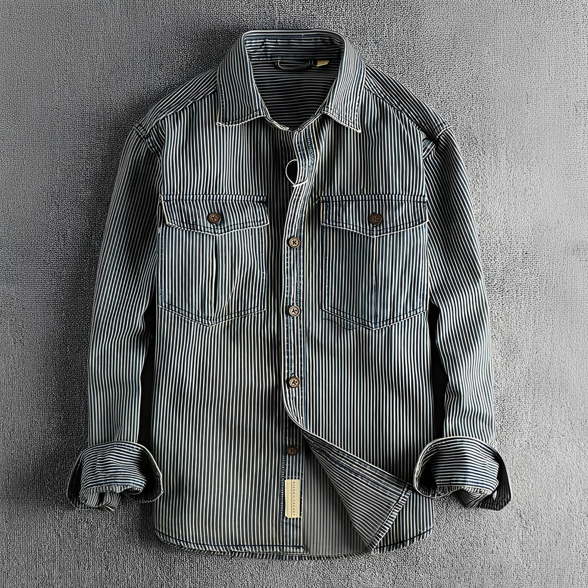 Camisa masculina listrada manga longa com botões e dois bolsos no peito