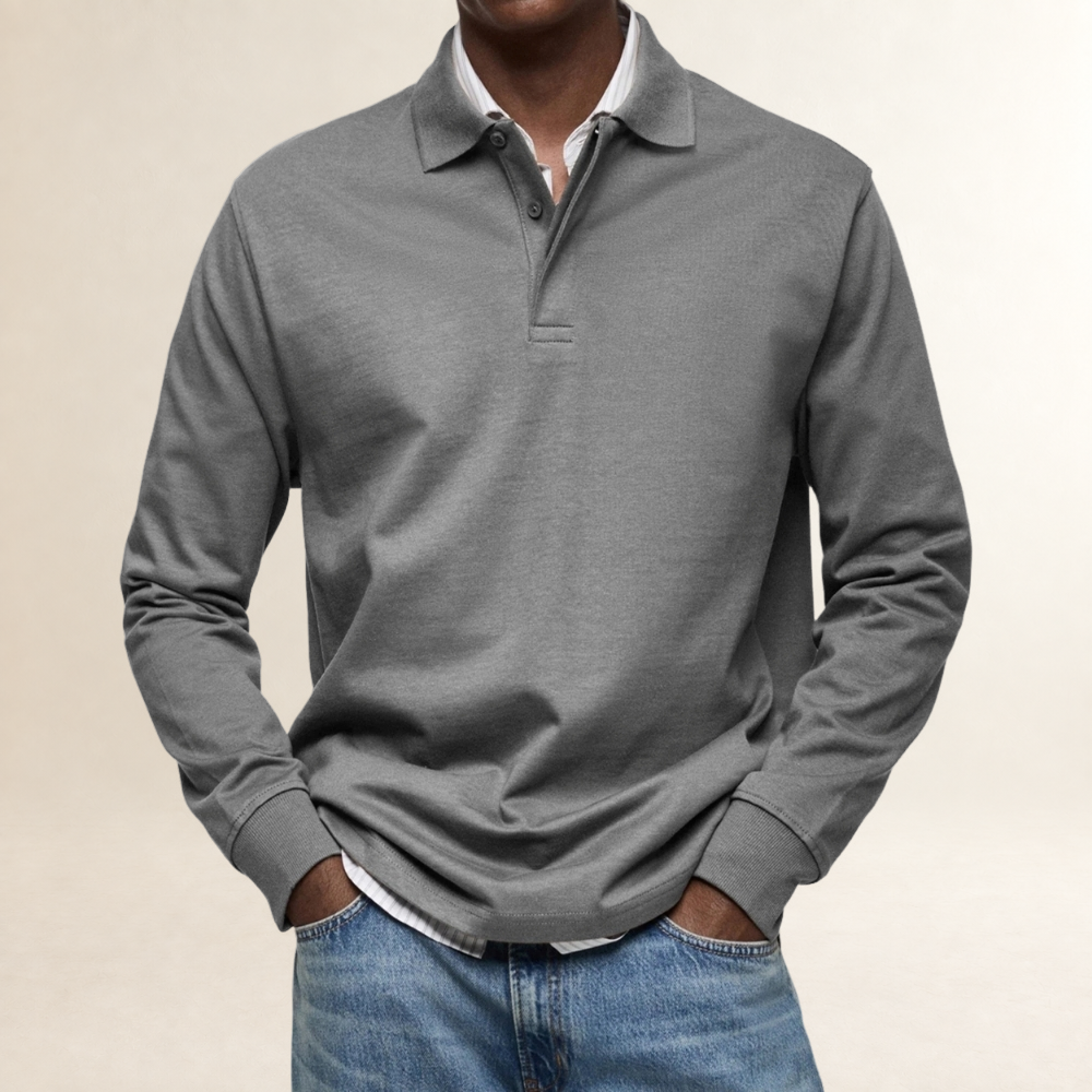 Camisa polo de manga longa masculina com colarinho clássico e fechamento de botões