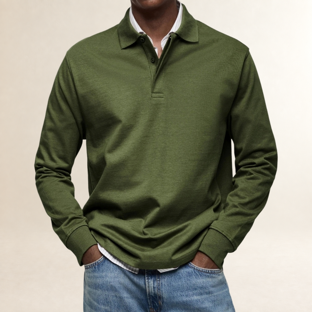 Camisa polo de manga longa masculina com colarinho clássico e fechamento de botões