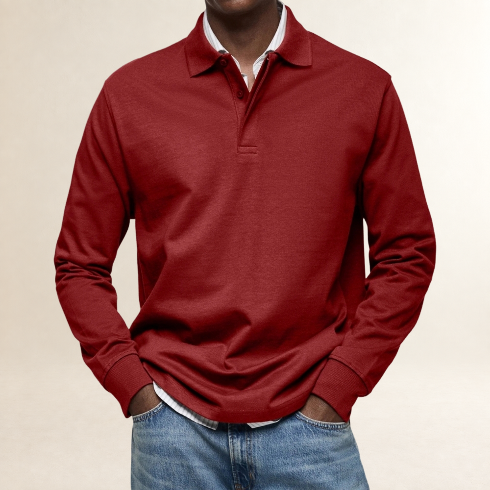 Camisa polo de manga longa masculina com colarinho clássico e fechamento de botões