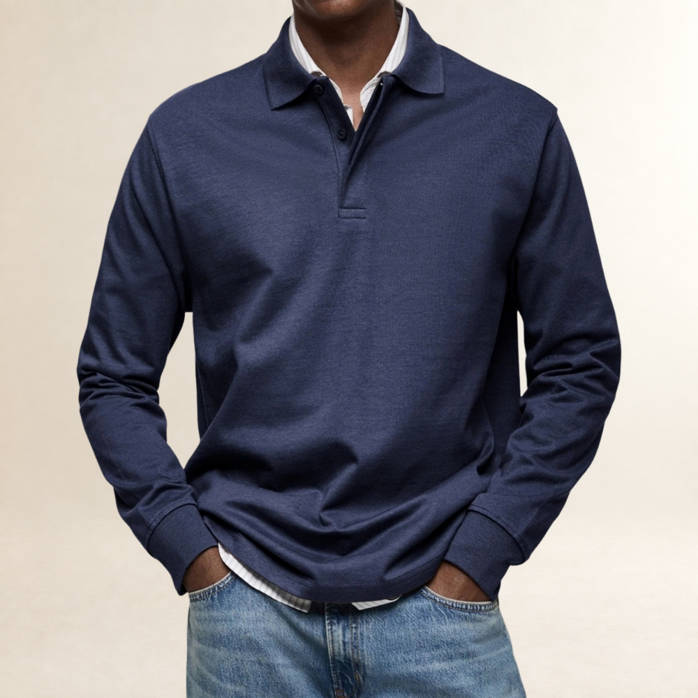 Camisa polo de manga longa masculina com colarinho clássico e fechamento de botões