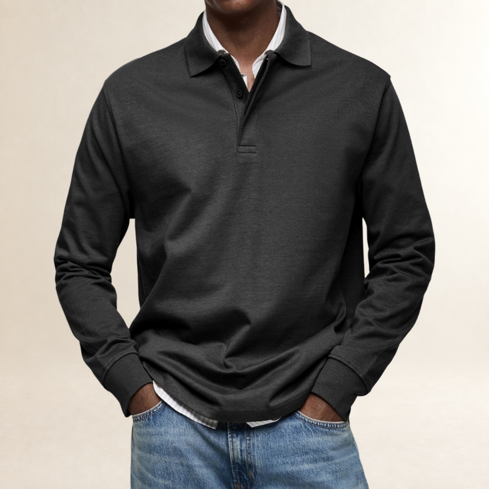 Camisa polo de manga longa masculina com colarinho clássico e fechamento de botões
