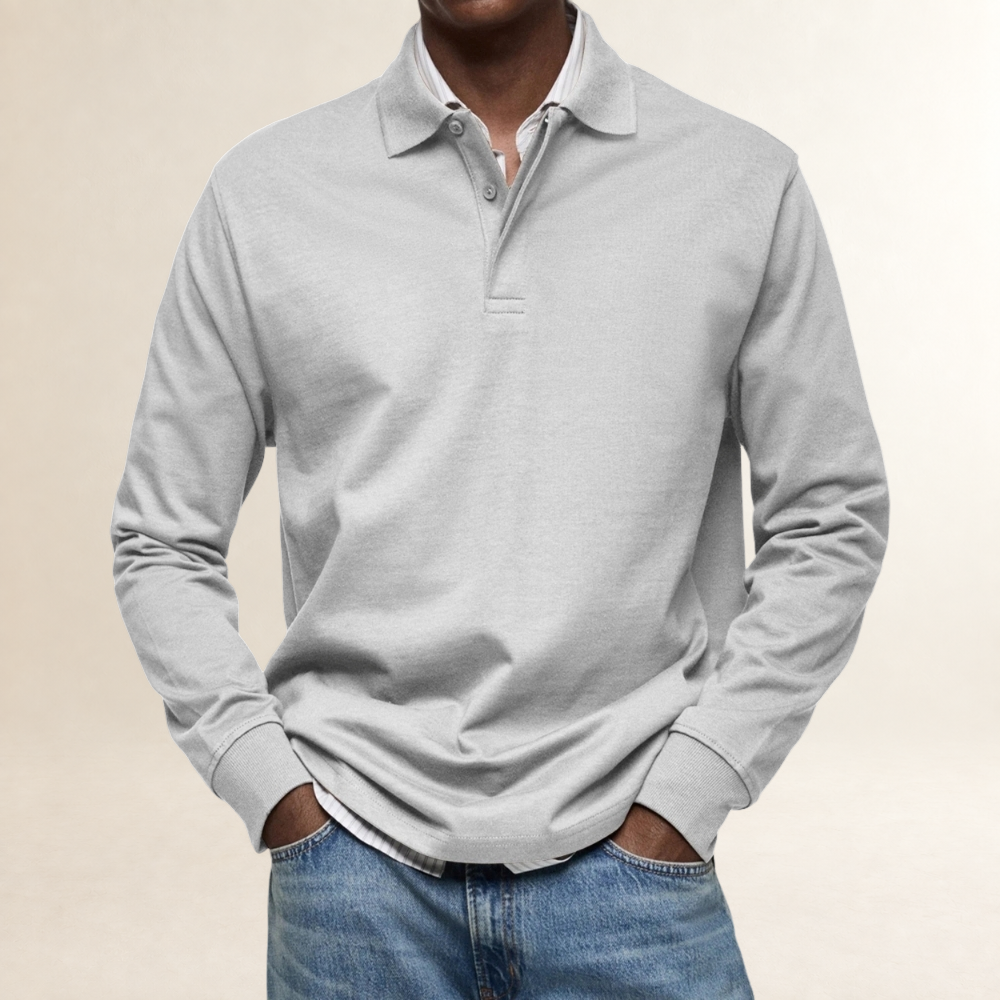 Camisa polo de manga longa masculina com colarinho clássico e fechamento de botões