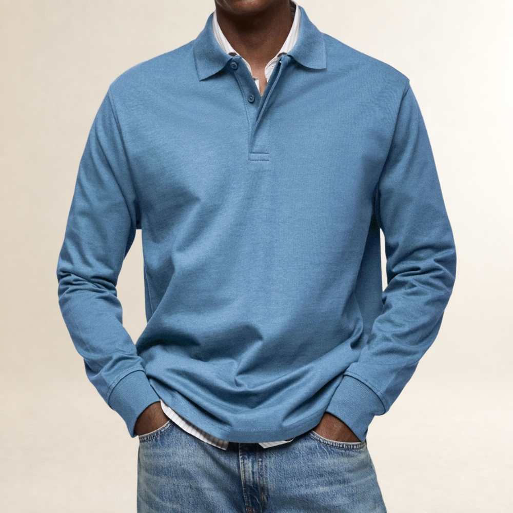 Camisa polo de manga longa masculina com colarinho clássico e fechamento de botões