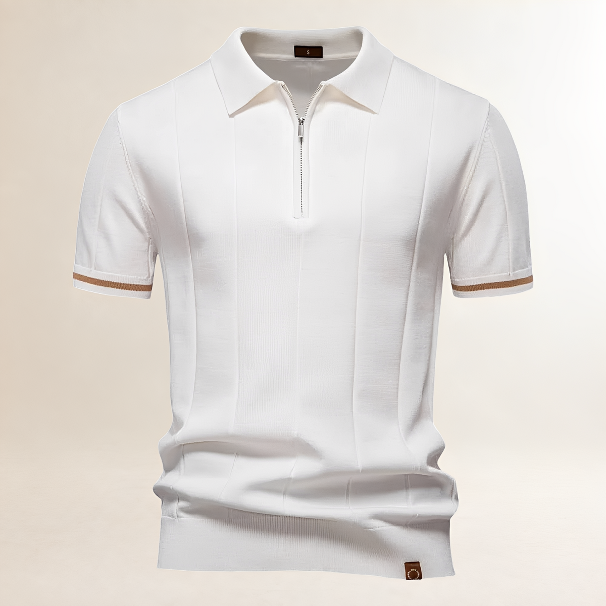 Camisa polo masculina com zíper parcial e costuras verticais - ajuste sob medida