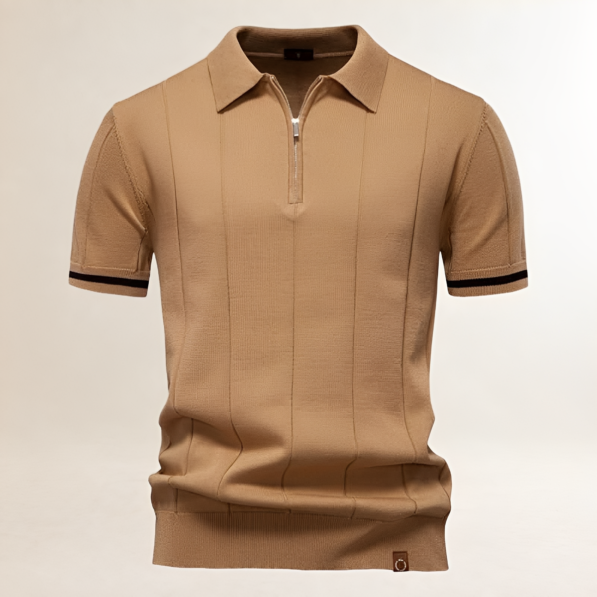 Camisa polo masculina com zíper parcial e costuras verticais - ajuste sob medida