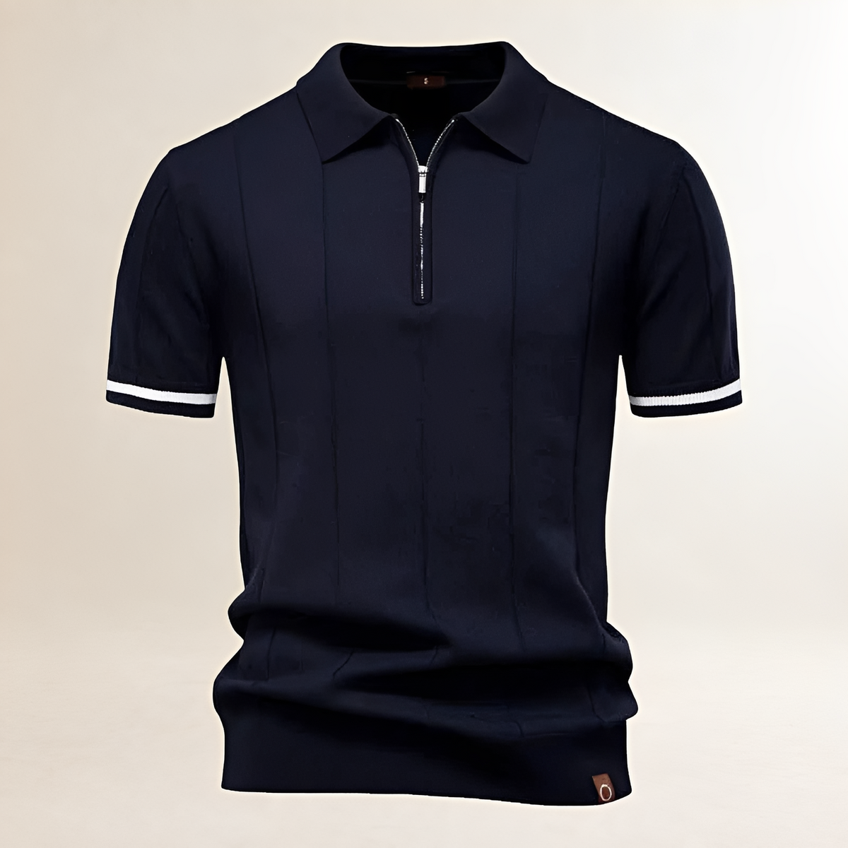 Camisa polo masculina com zíper parcial e costuras verticais - ajuste sob medida