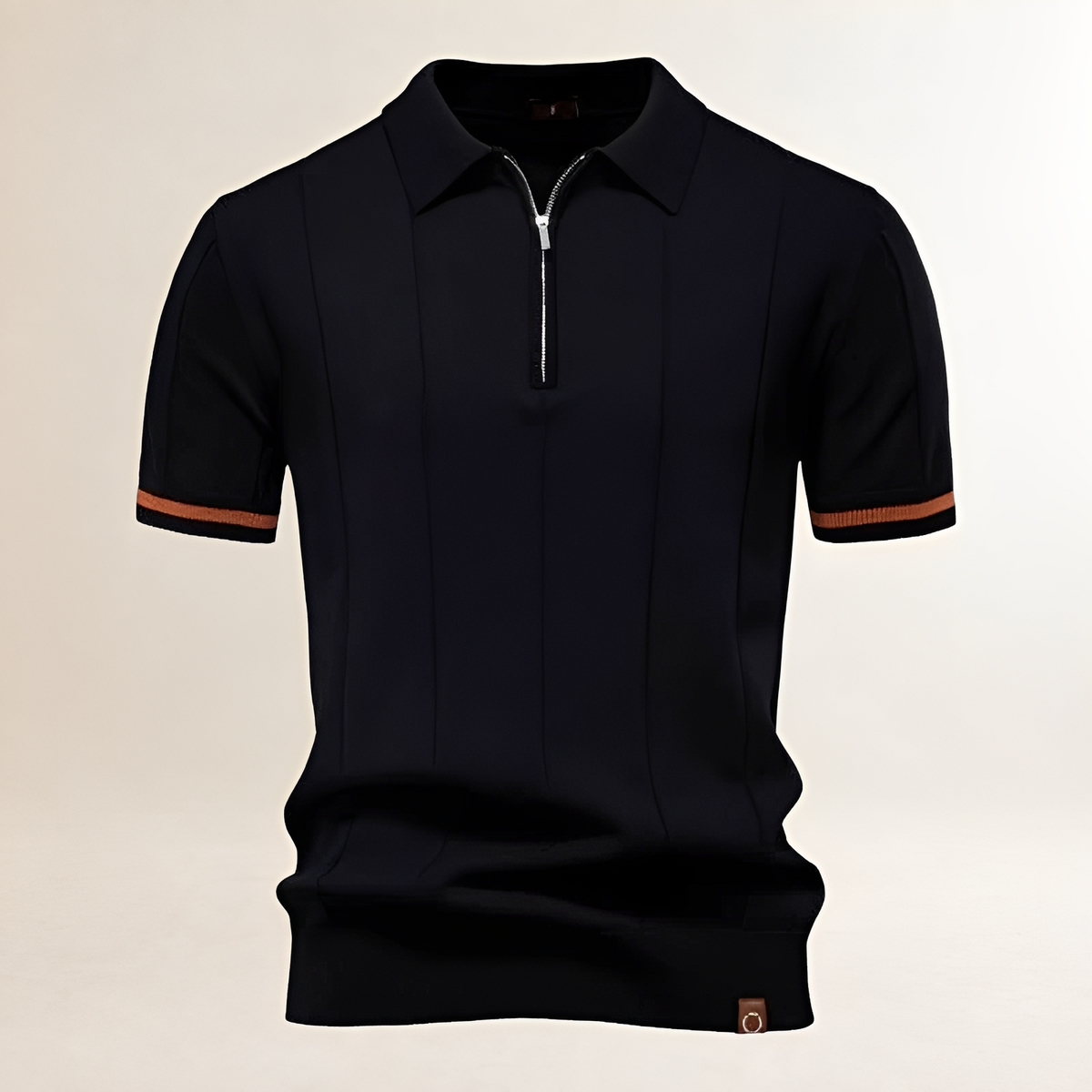 Camisa polo masculina com zíper parcial e costuras verticais - ajuste sob medida