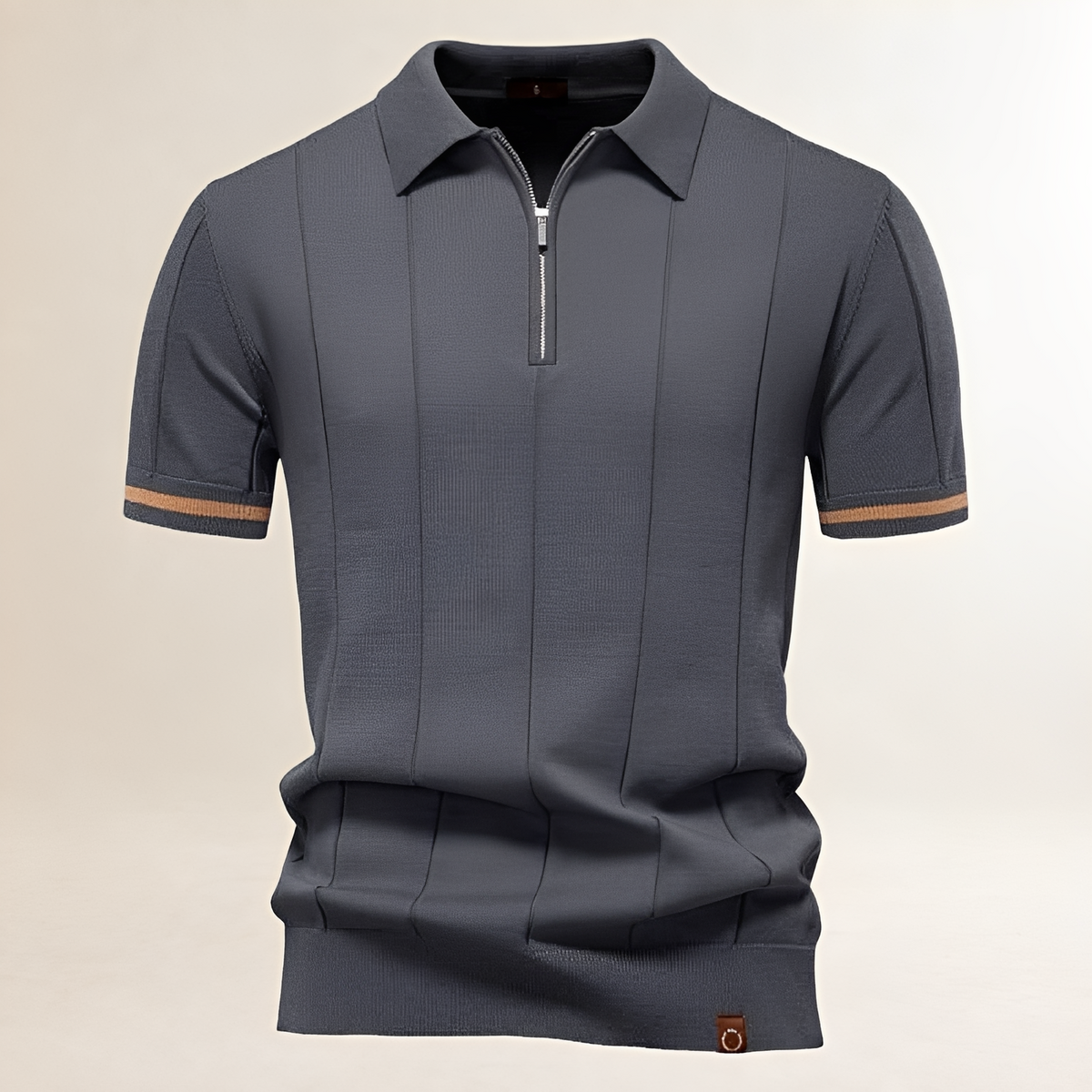 Camisa polo masculina com zíper parcial e costuras verticais - ajuste sob medida