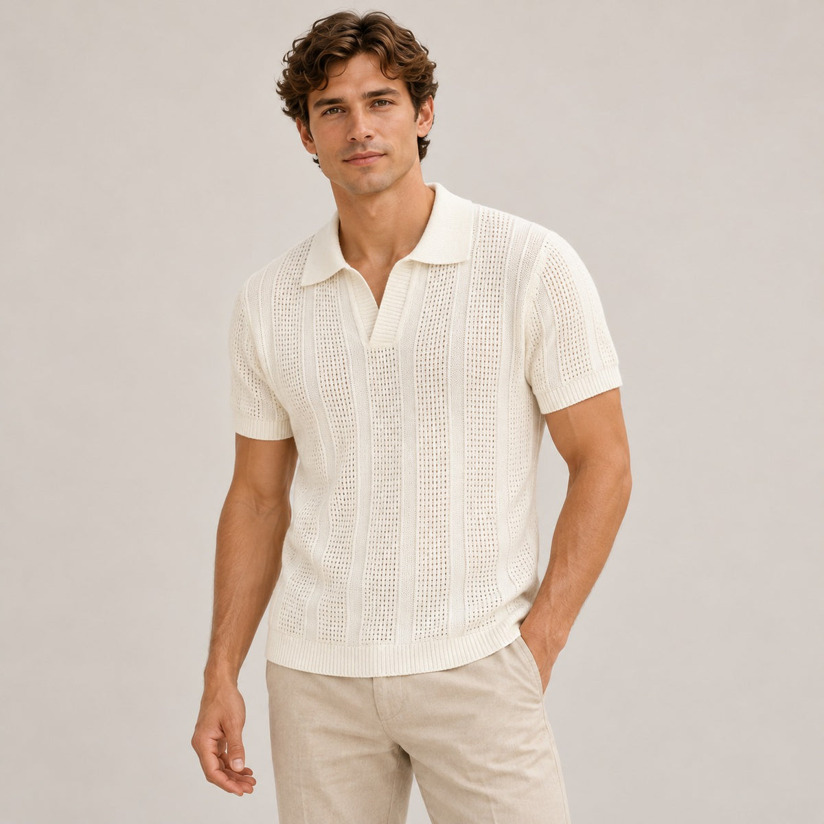 Camisa polo masculina de manga curta com textura e gola clássica slim fit