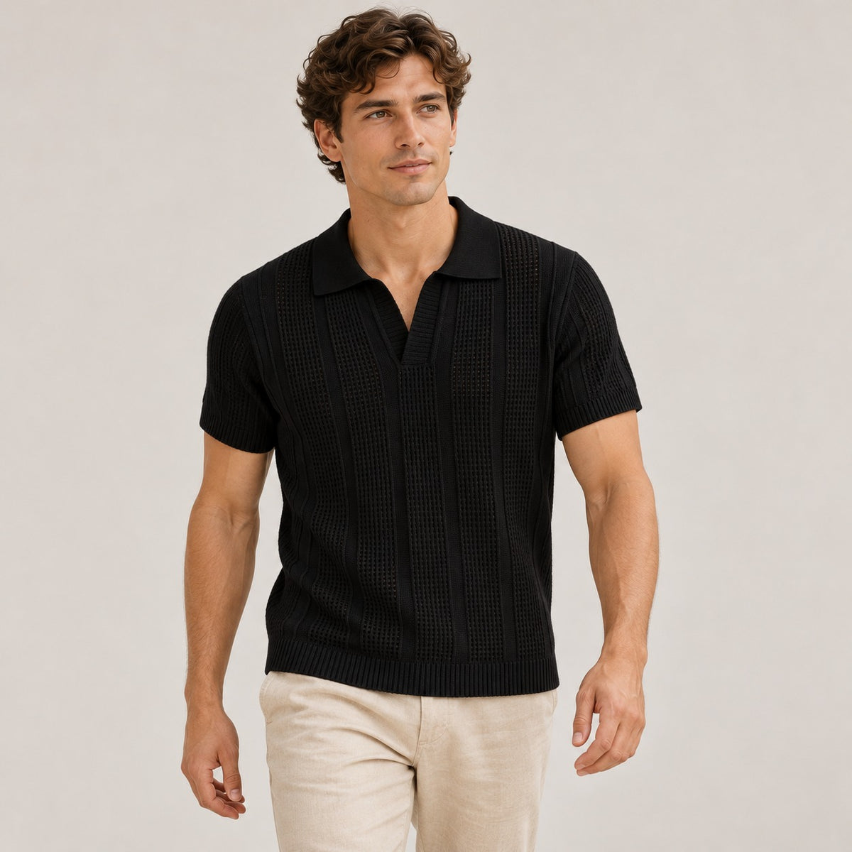 Camisa polo masculina de manga curta com textura e gola clássica slim fit
