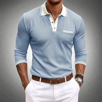 Camisa polo masculina de manga longa com acabamento em contraste e bolso no peito