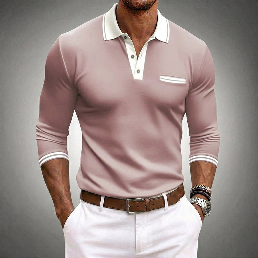Camisa polo masculina de manga longa com acabamento em contraste e bolso no peito
