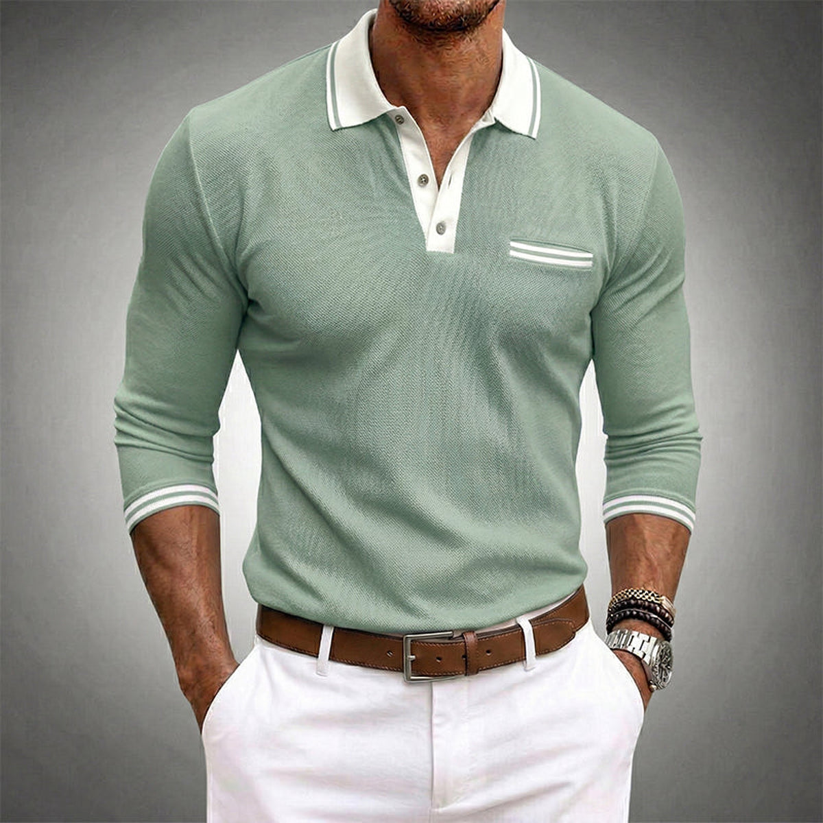 Camisa polo masculina de manga longa com acabamento em contraste e bolso no peito