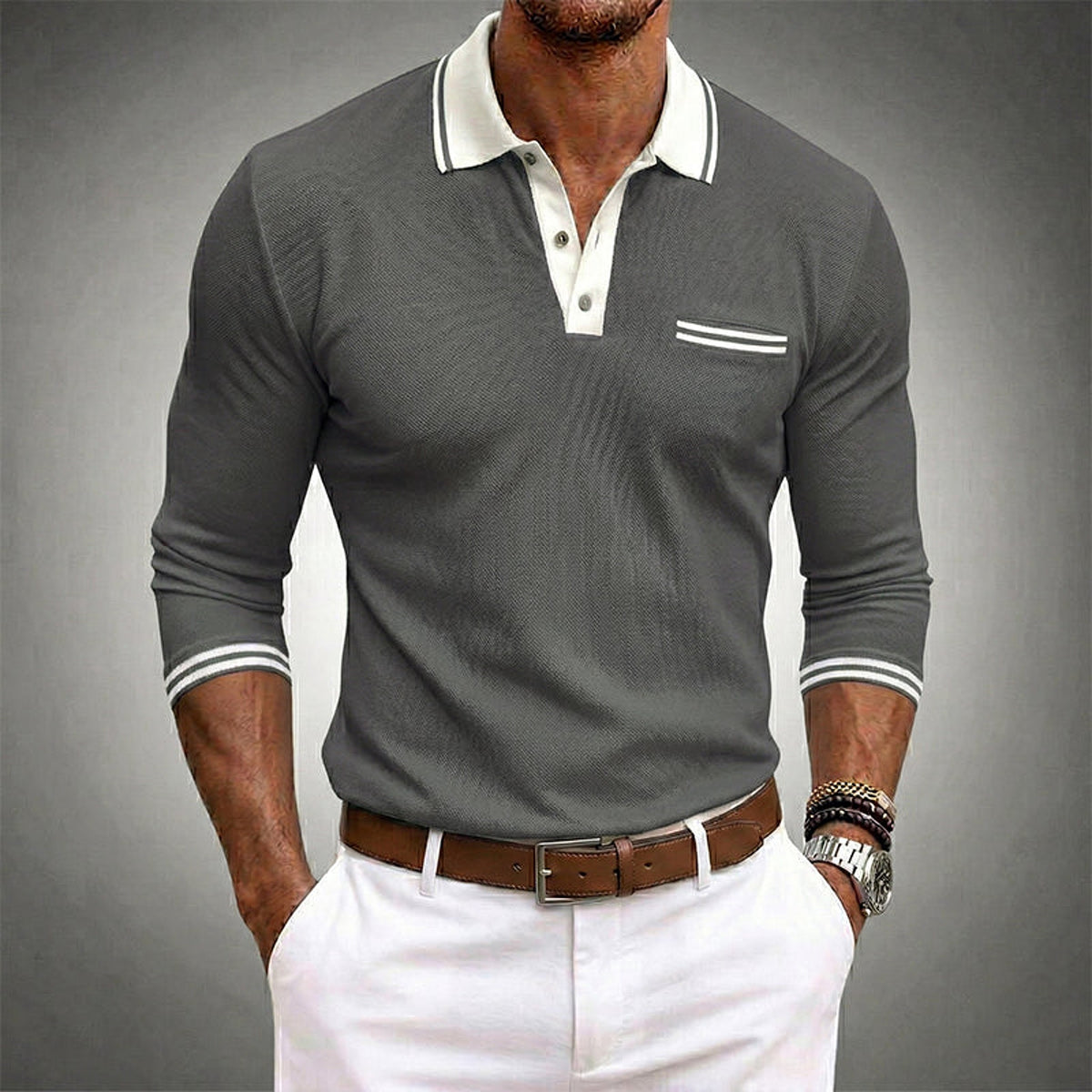 Camisa polo masculina de manga longa com acabamento em contraste e bolso no peito