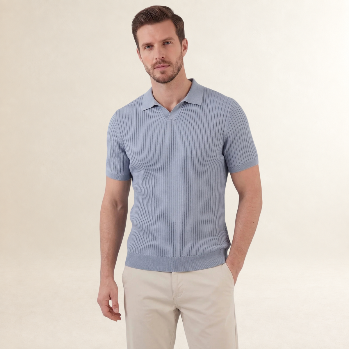 Camisa polo masculina manga curta ajuste clássico com botões e textura riscada