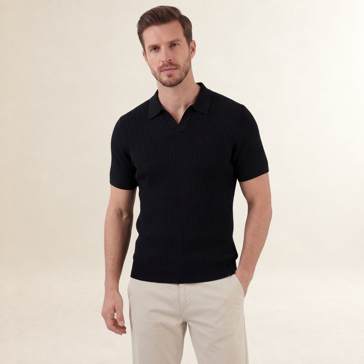 Camisa polo masculina manga curta ajuste clássico com botões e textura riscada