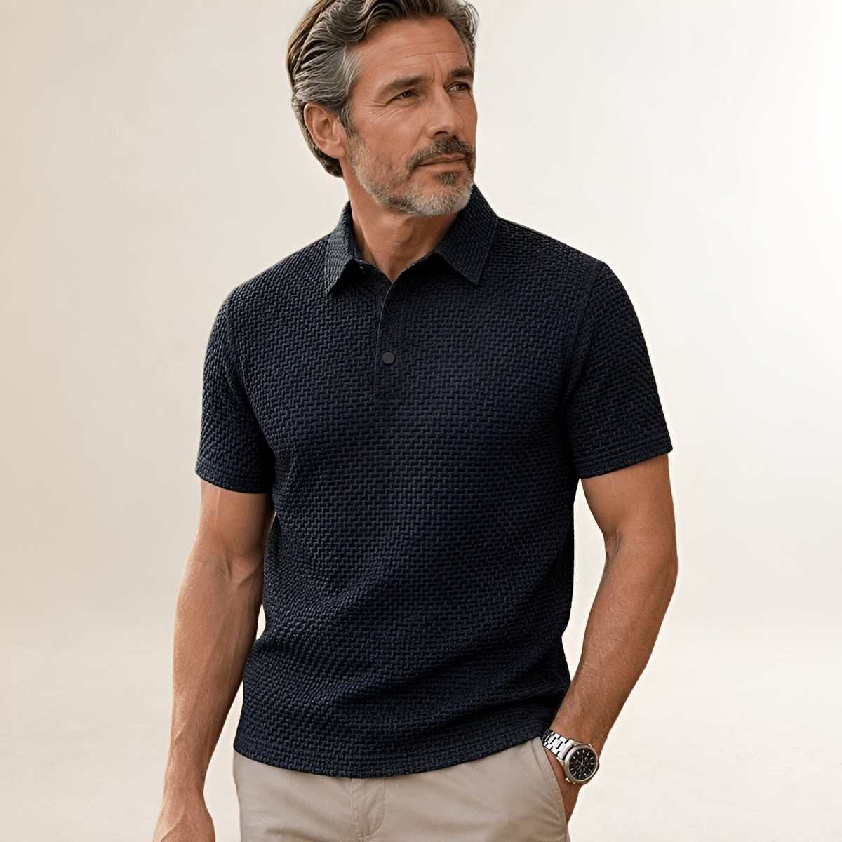Camisa Polo Masculina Manga Curta Texturizada em Pano Treliçante - Ajuste Clássico