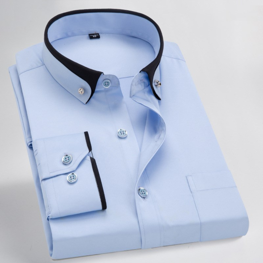 Camisa Social Masculina com Colarinho Variação de Contraste e Detalhes no Colarinho e Punhos