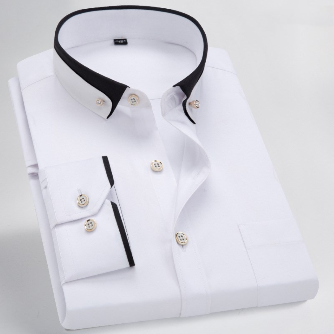 Camisa Social Masculina com Colarinho Variação de Contraste e Detalhes no Colarinho e Punhos