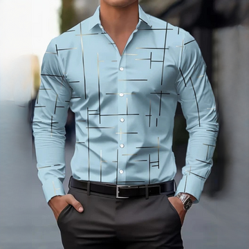 Camisa social masculina de manga comprida com colarinho clássico e estampa geométrica