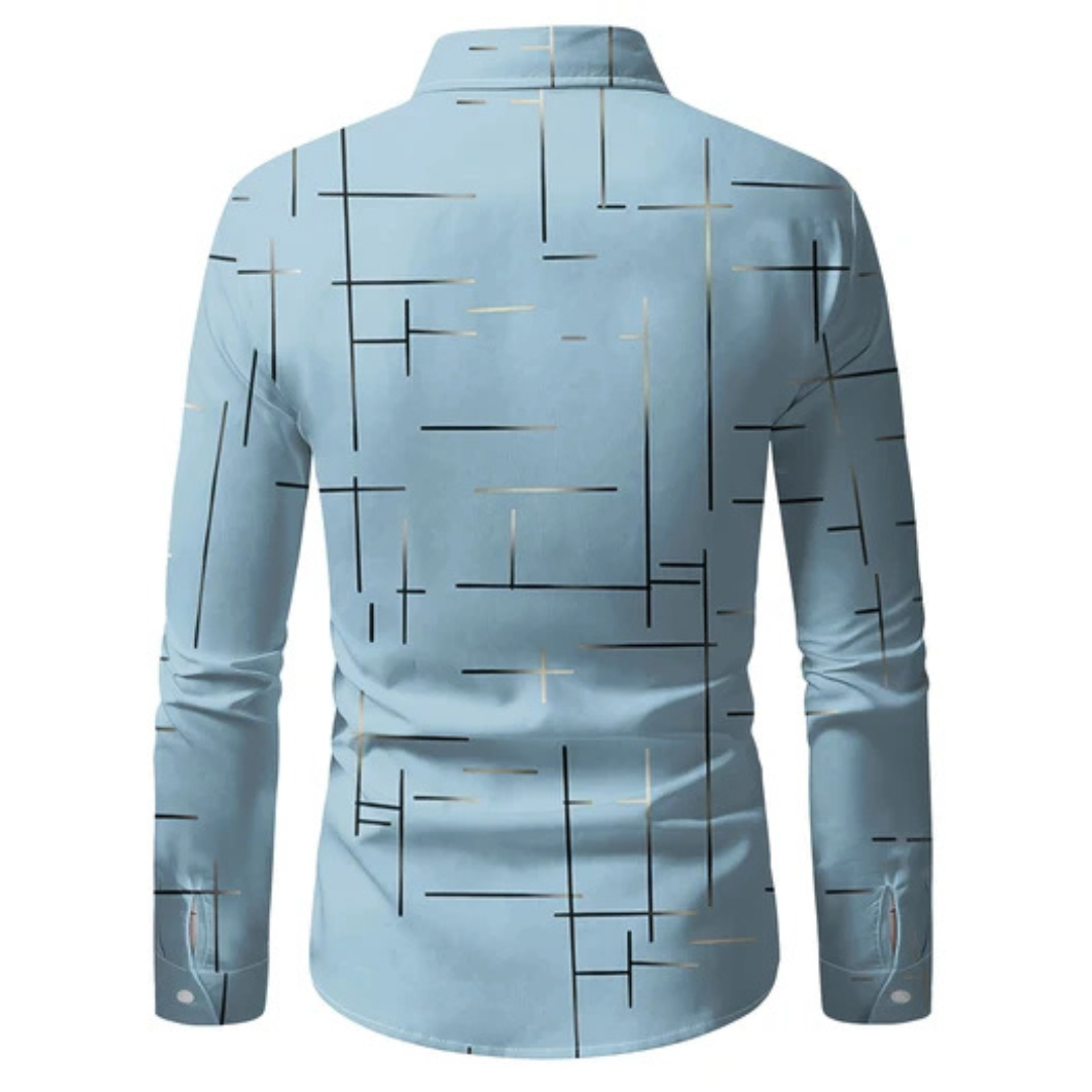 Camisa social masculina de manga comprida com colarinho clássico e estampa geométrica