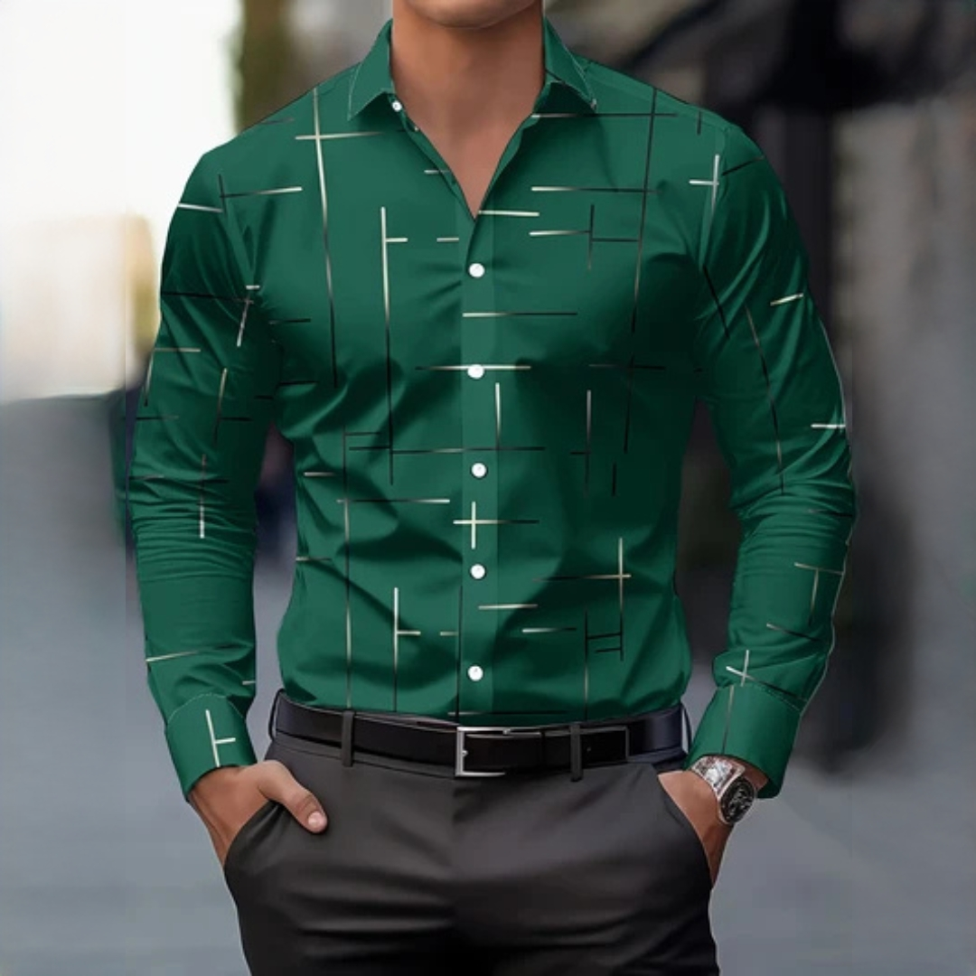Camisa social masculina de manga comprida com colarinho clássico e estampa geométrica