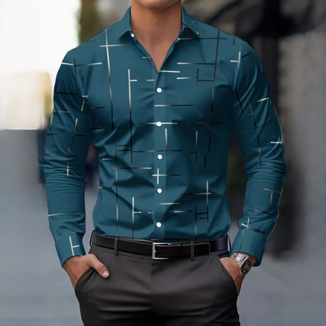 Camisa social masculina de manga comprida com colarinho clássico e estampa geométrica