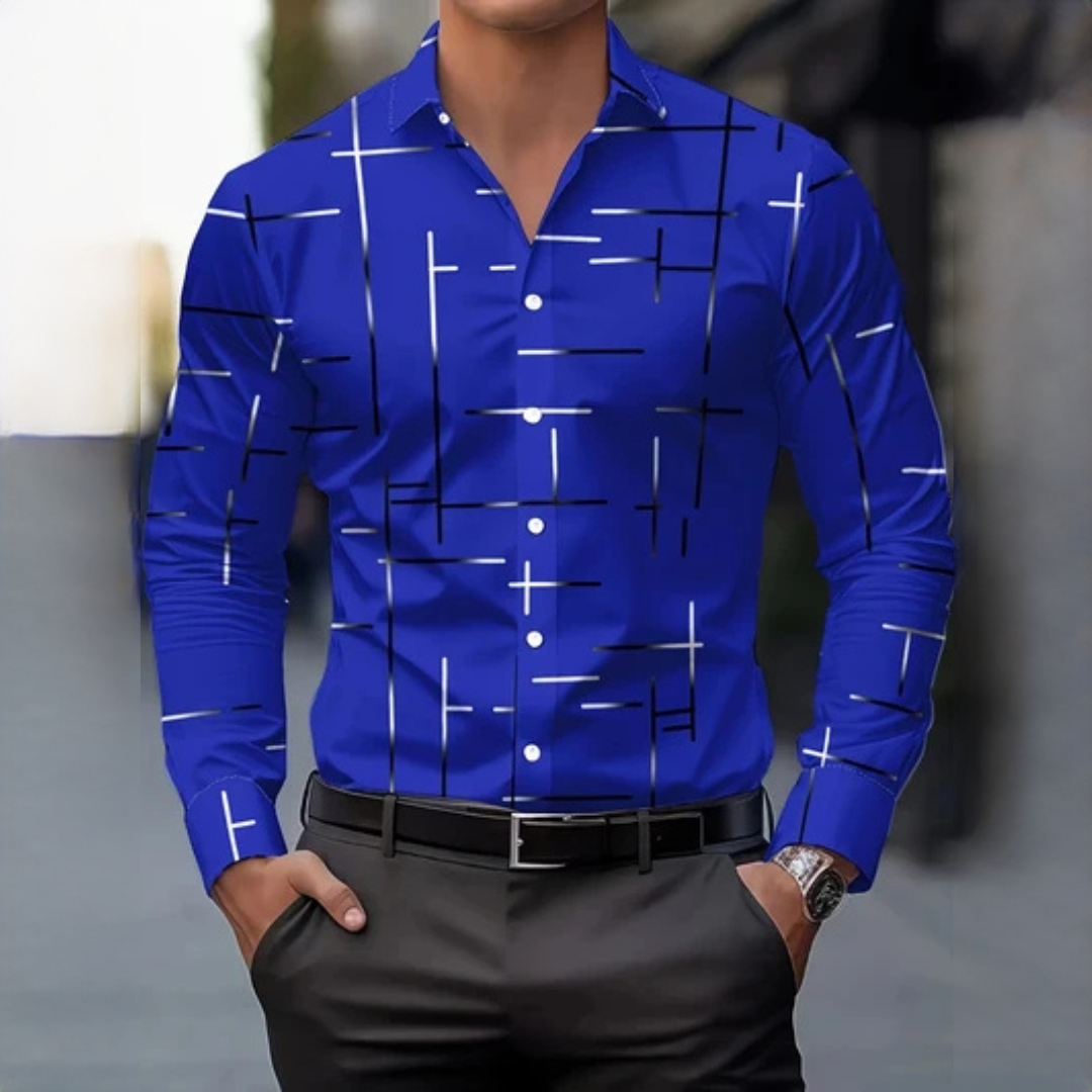 Camisa social masculina de manga comprida com colarinho clássico e estampa geométrica