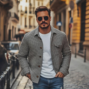 Camisa social masculina de manga longa com padronagem xadrez e fechamento de botões