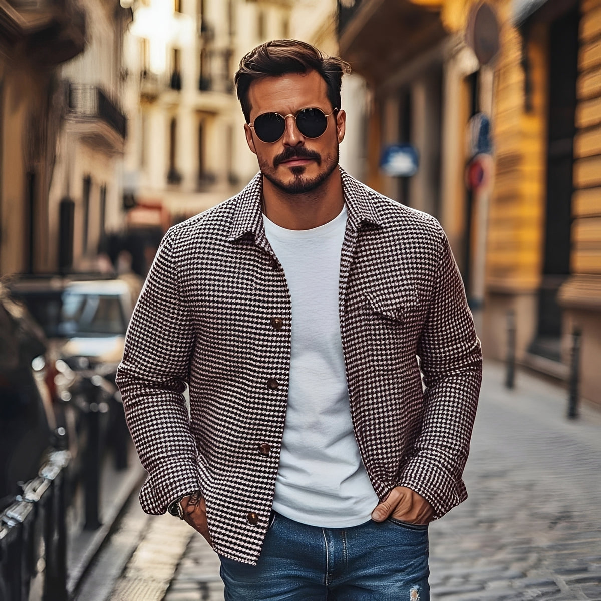Camisa social masculina de manga longa com padronagem xadrez e fechamento de botões