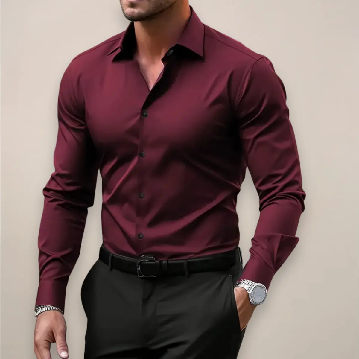 Camisa social masculina de manga longa com fechamento de botões e caimento slim