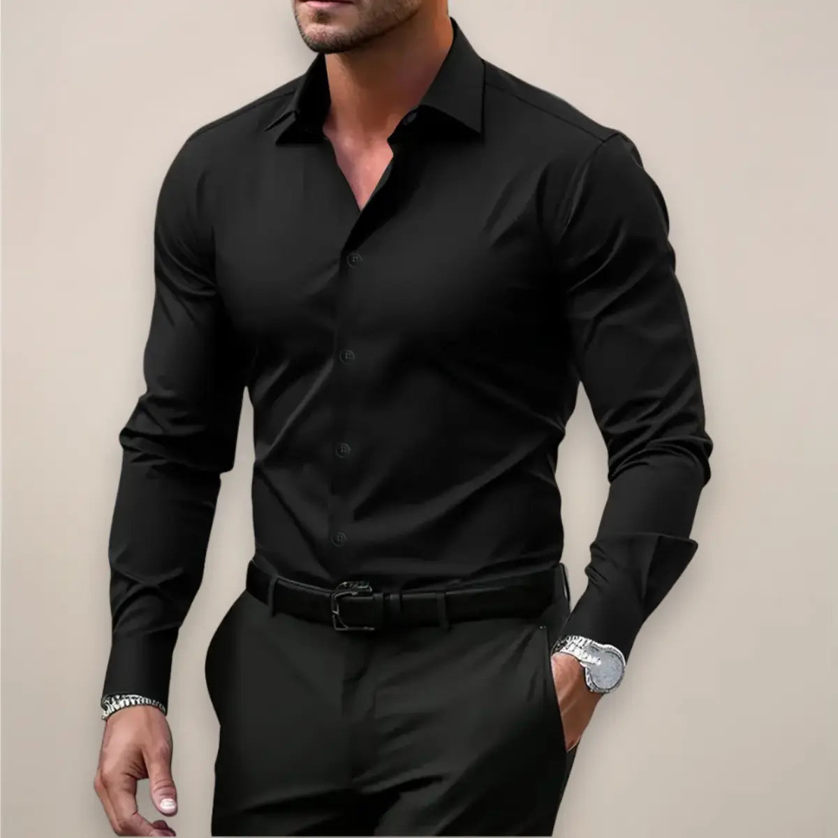Camisa social masculina de manga longa com fechamento de botões e caimento slim