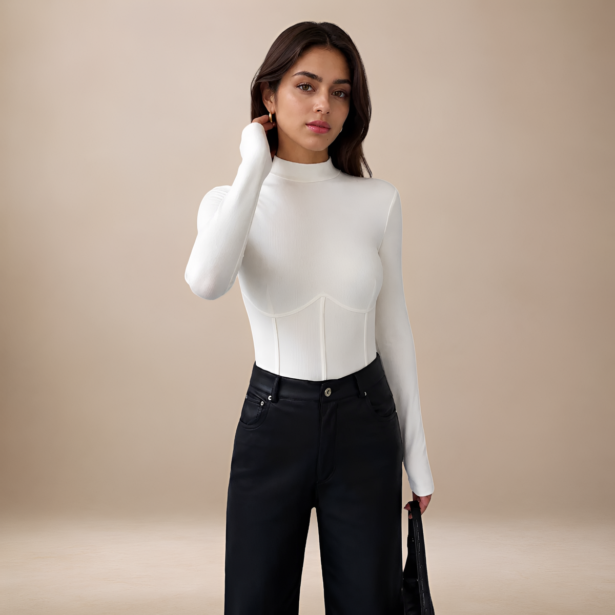 Camiseta de manga longa feminina com gola mock, design corset e ajuste slim