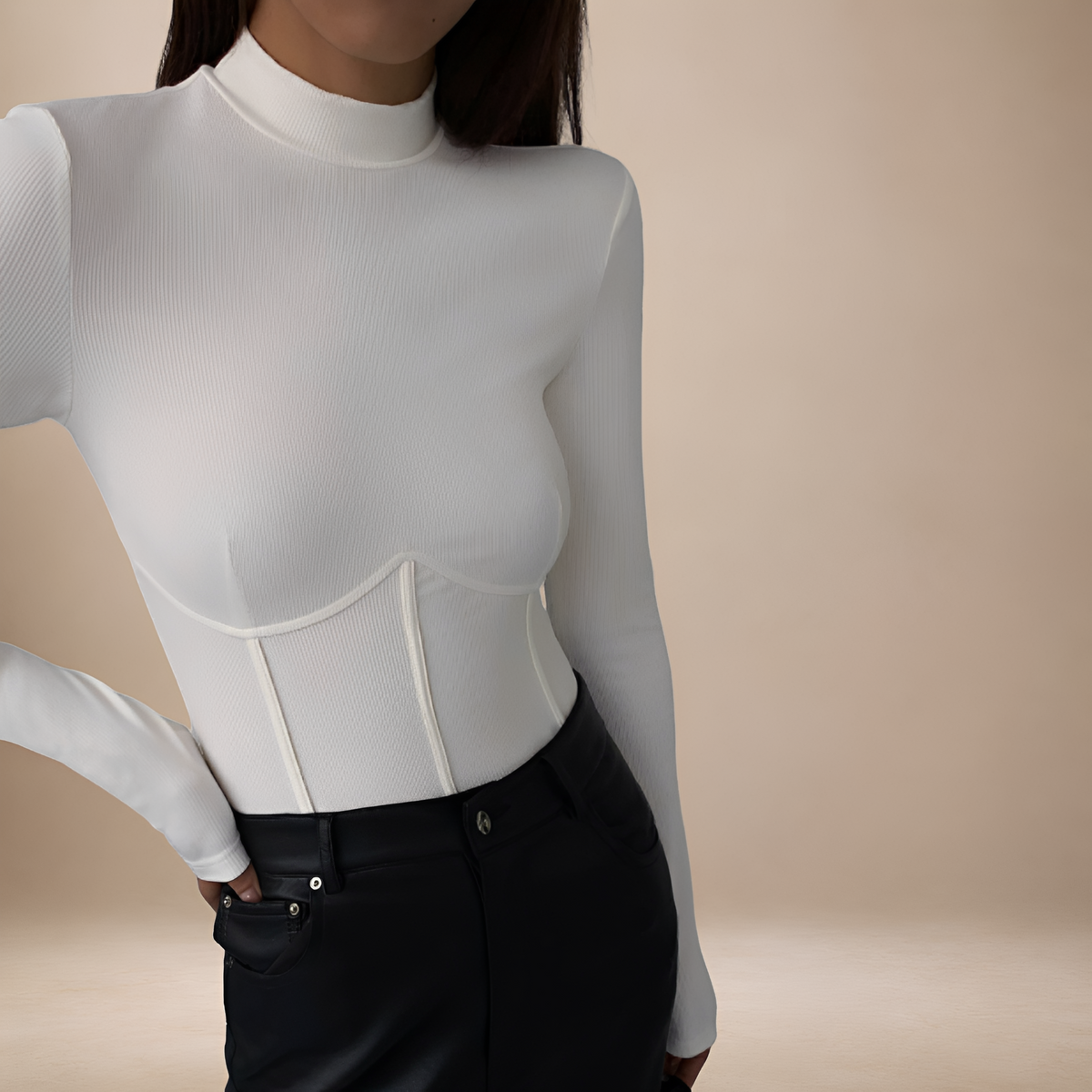 Camiseta de manga longa feminina com gola mock, design corset e ajuste slim