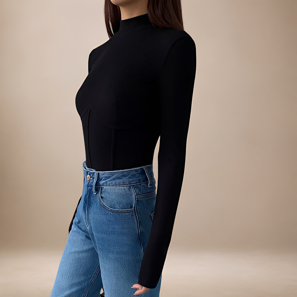 Camiseta de manga longa feminina com gola mock, design corset e ajuste slim