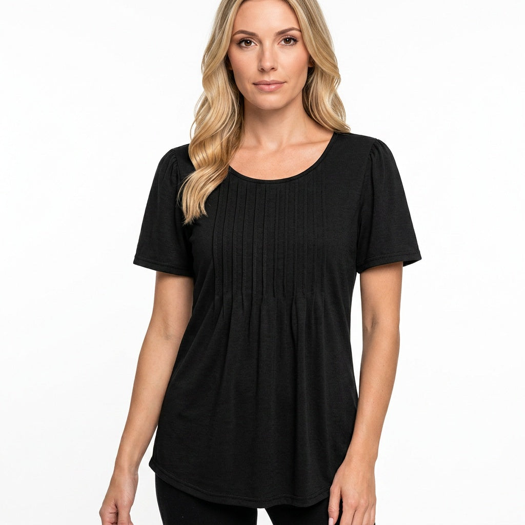 Camiseta feminina de manga curta com detalhe plissado - caimento relaxado
