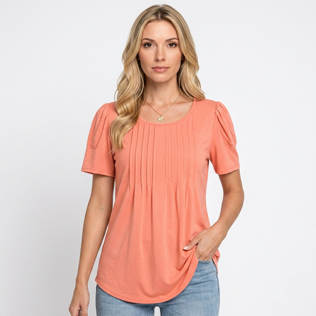 Camiseta feminina de manga curta com detalhe plissado - caimento relaxado