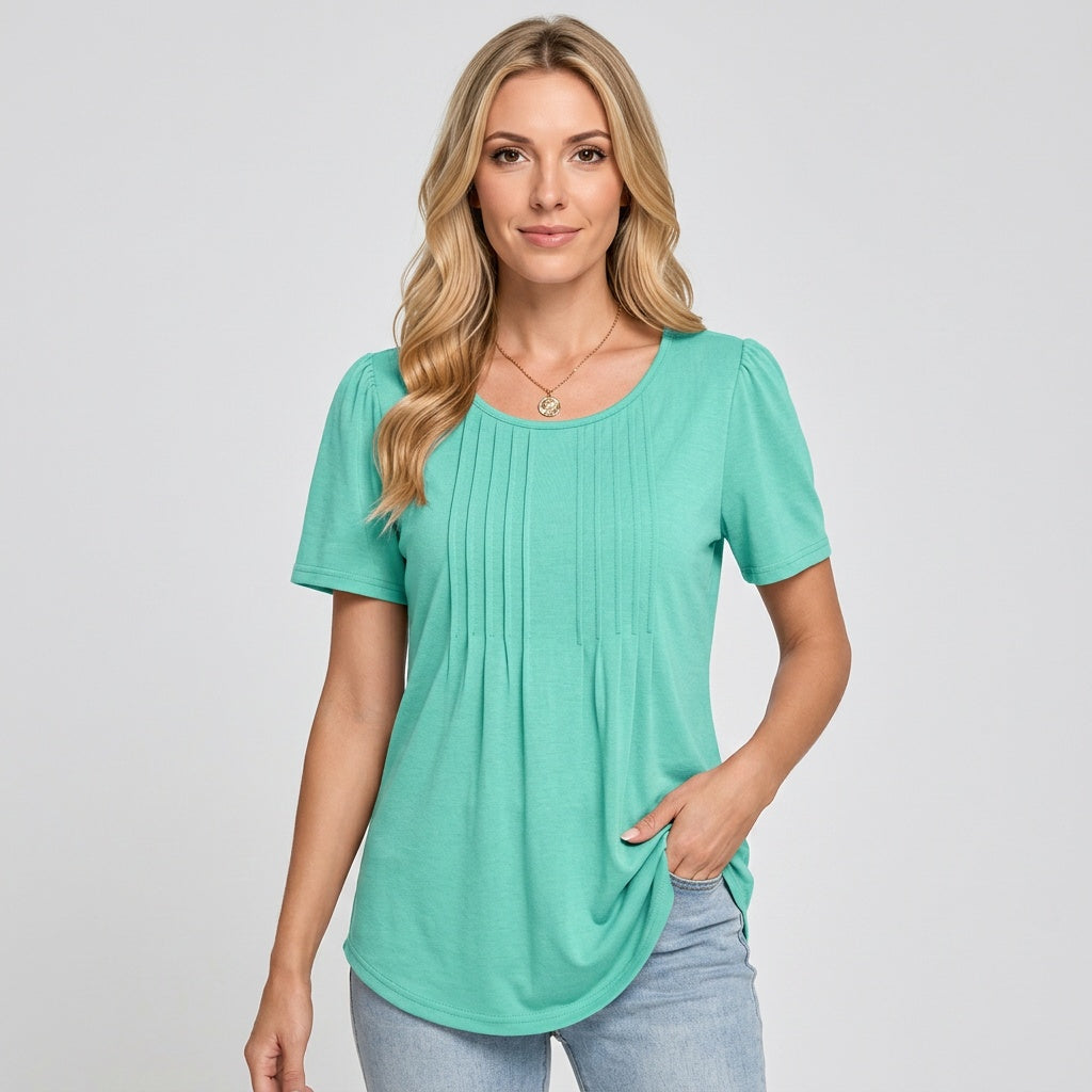 Camiseta feminina de manga curta com detalhe plissado - caimento relaxado
