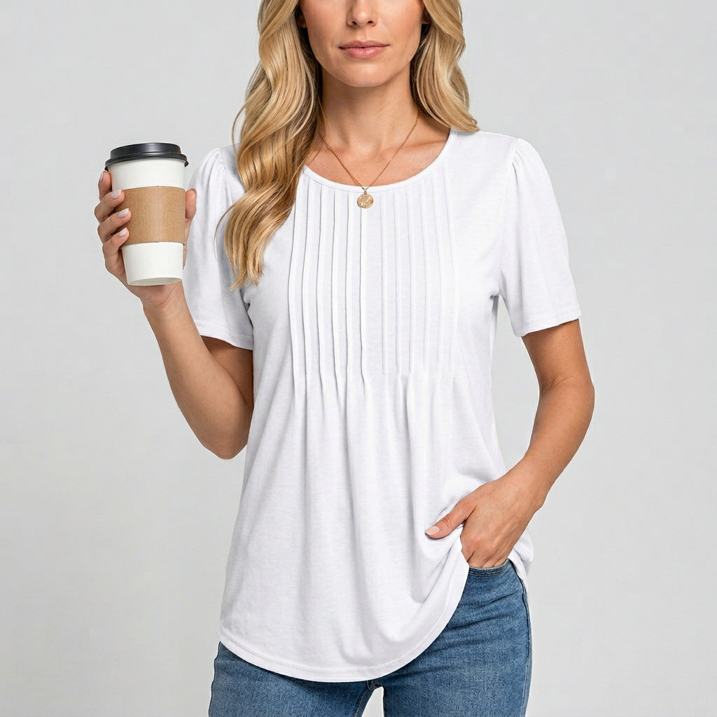 Camiseta feminina de manga curta com detalhe plissado - caimento relaxado