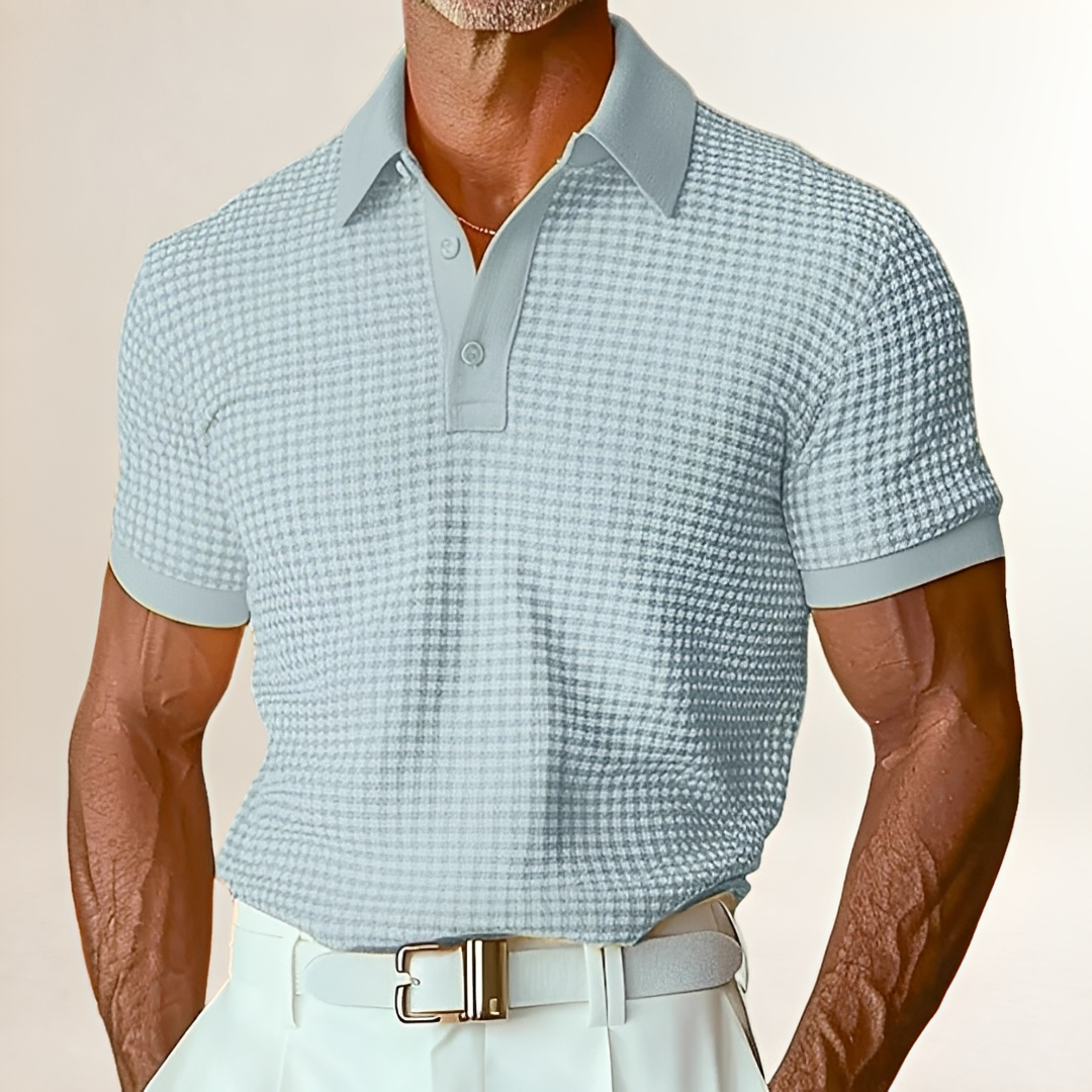 Camiseta polo masculina de manga curta com textura — corte regular, pocção colarinho pontiagudo