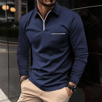 Camiseta Polo Masculina de Manga Longa com Gola Polo e Bolso no Peito