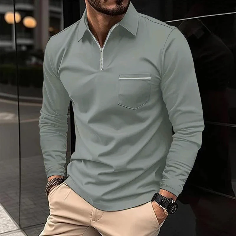 Camiseta Polo Masculina de Manga Longa com Gola Polo e Bolso no Peito