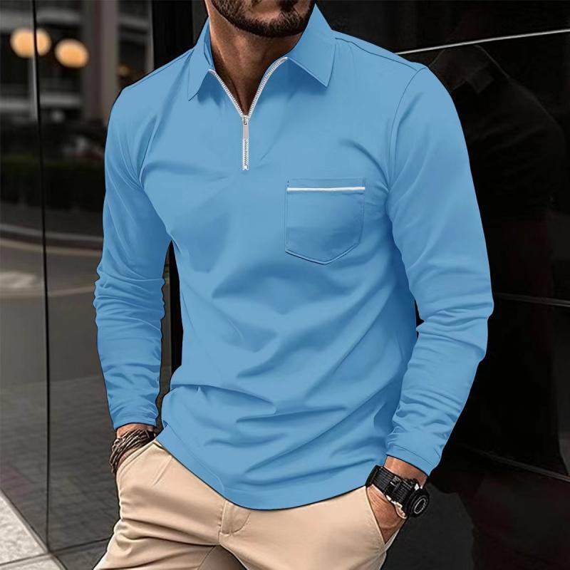 Camiseta Polo Masculina de Manga Longa com Gola Polo e Bolso no Peito