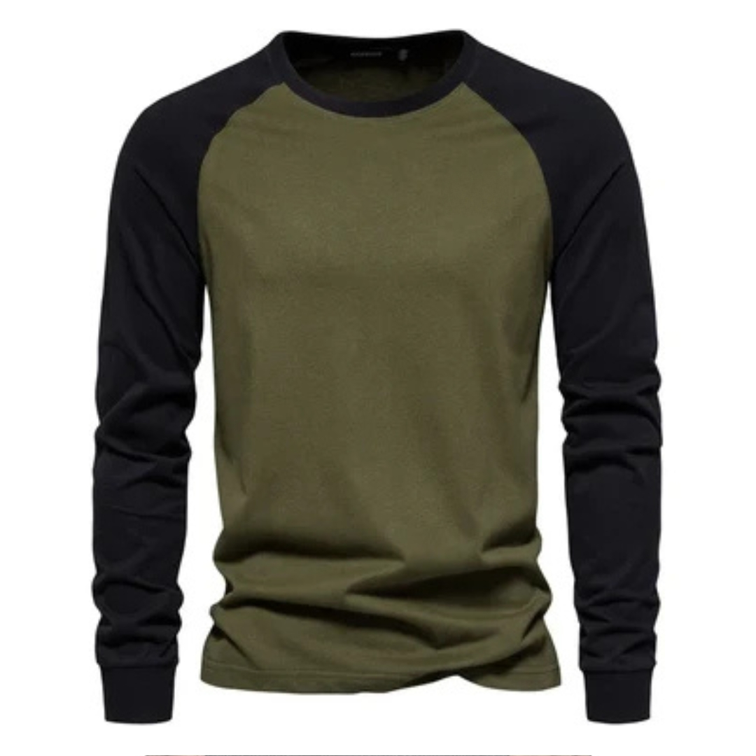 Camiseta Raglan masculina de mangas compridas - mangas em contraste, gola careca, modelagem slim, logotipo no peito