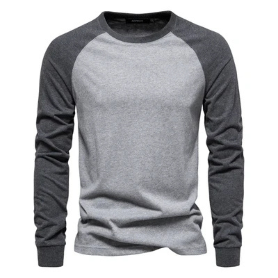 Camiseta Raglan masculina de mangas compridas - mangas em contraste, gola careca, modelagem slim, logotipo no peito