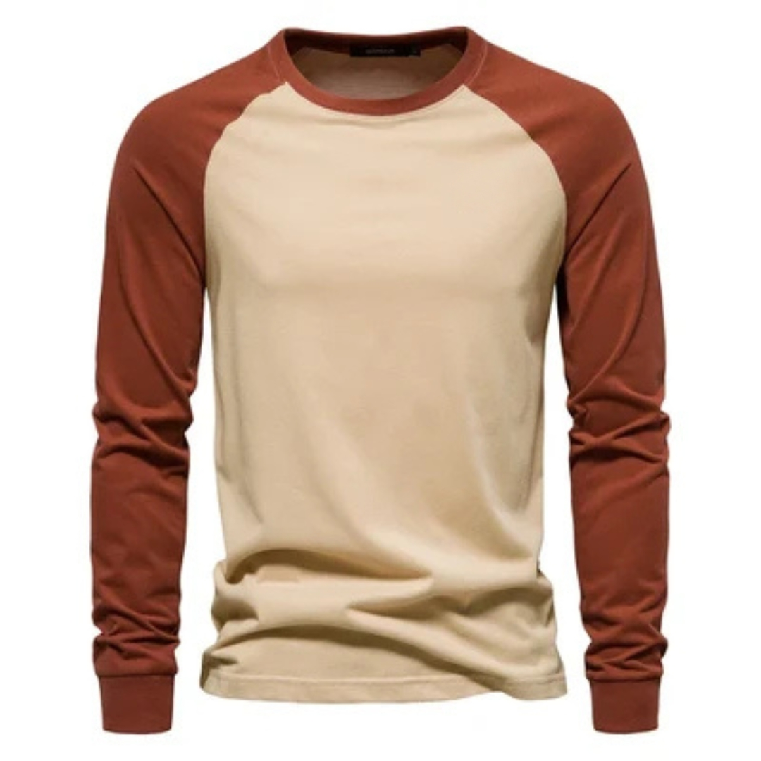 Camiseta Raglan masculina de mangas compridas - mangas em contraste, gola careca, modelagem slim, logotipo no peito